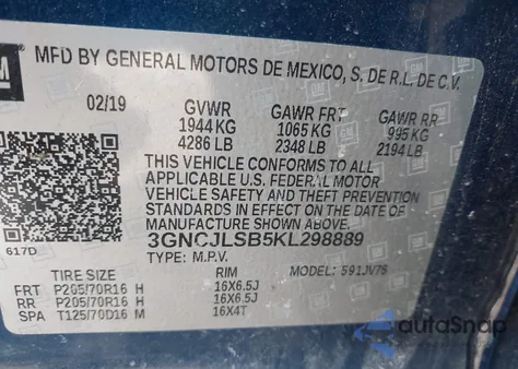 2019 Chevrolet Trax Lt from USA, damaged, VIN 3GNCJLSB5KL298889